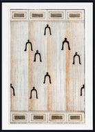 An abstract art print featuring a vertical striped pattern in beige, brown, and white, accented with black arch-like figures, framed with a white mat and black frame.