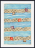 A framed art print featuring horizontal wavy bands of blue and white, overlaid with beige patterned sections, and decorated with small stylized fish in red, brown, and purple, shown in a black frame with a white mat.