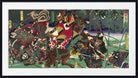 A framed Japanese ukiyo-e woodblock print depicting a dramatic battle scene with samurai on horseback and soldiers on foot, shown with a white mat and black frame.
