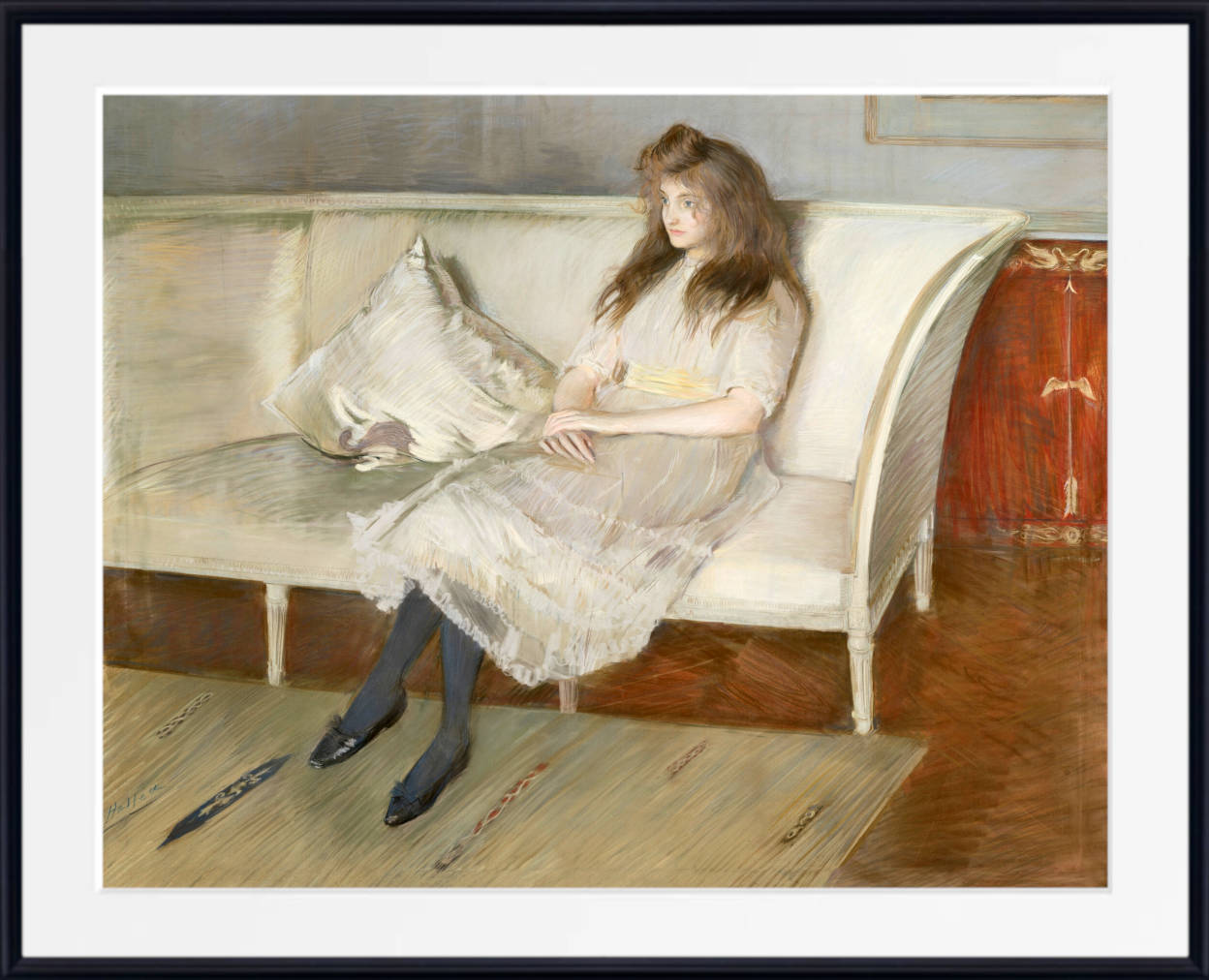 Paul-César Helleu Print, Young girl sitting on a sofa (Symphonie en blanc, Mademoiselle Paulmier) (1895)