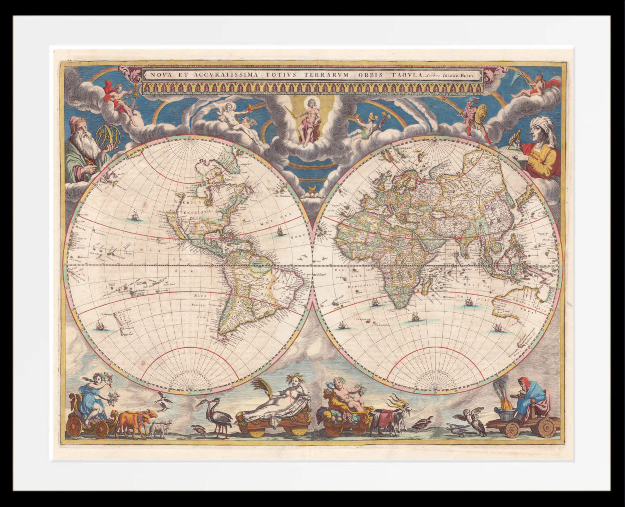 An antique double-hemisphere world map print with ornate decorative illustrations, shown with a white mat and black frame against a white background.