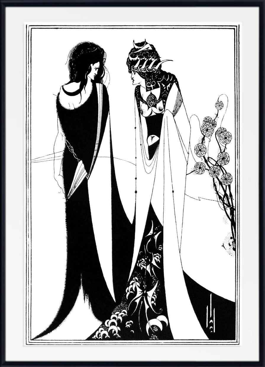 A black and white Art Deco style illustration print featuring two elegant women in long, flowing dresses, framed by a white mat and a black frame.