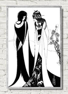 A framed black and white Art Deco style poster depicting two elegant women in long flowing dresses, displayed against a white brick wall background.