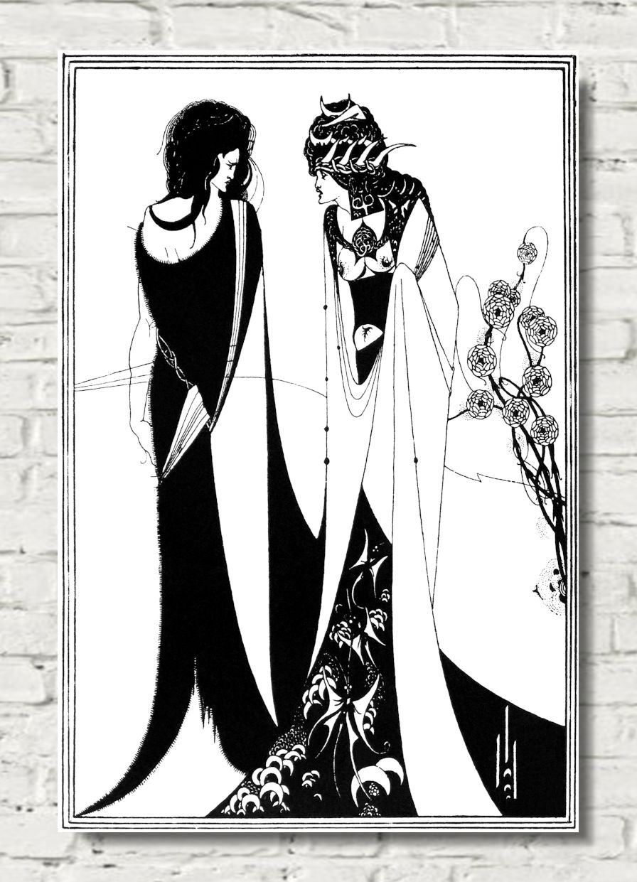 A framed black and white Art Deco style poster depicting two elegant women in long flowing dresses, displayed against a white brick wall background.