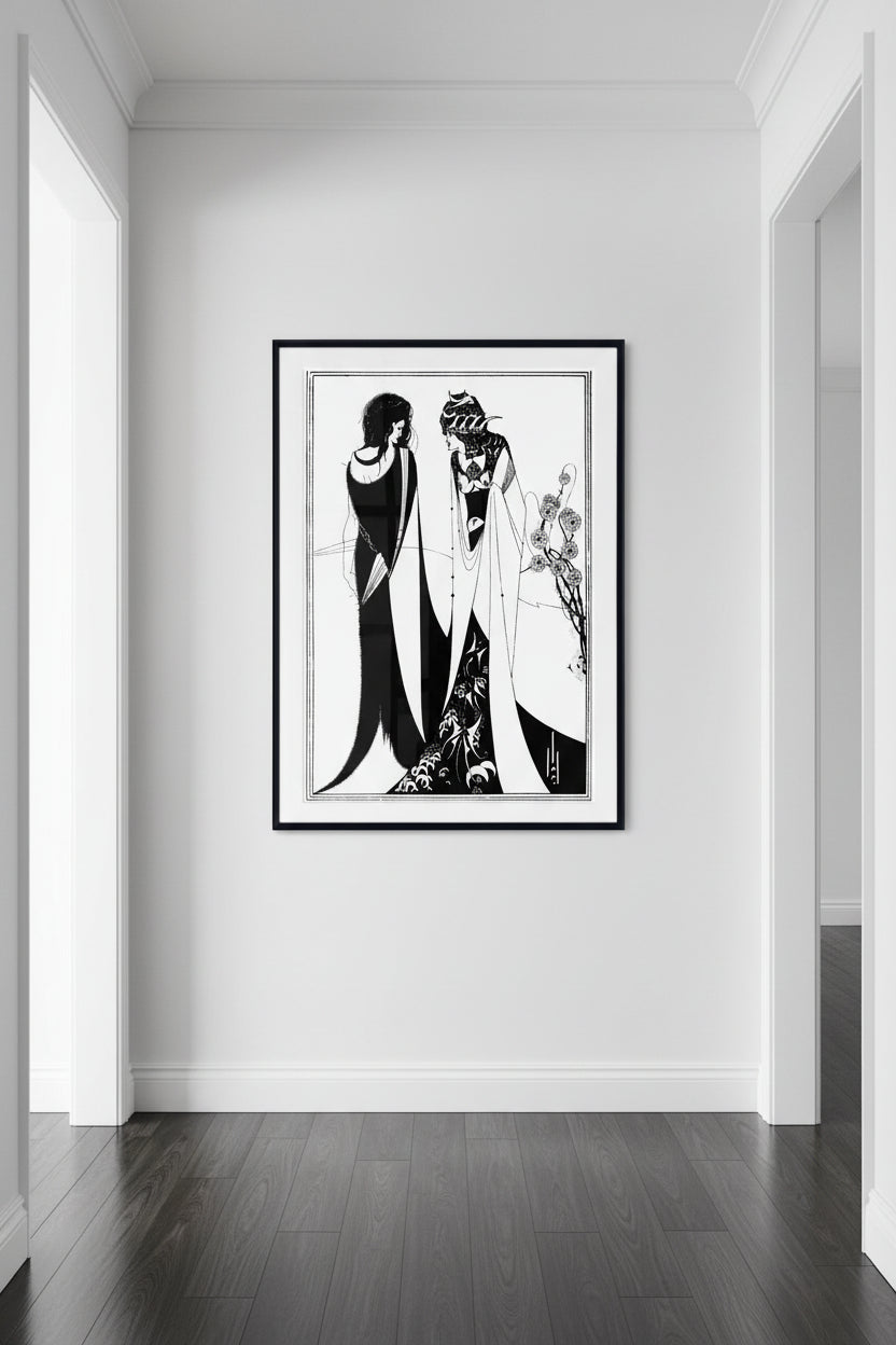 A black and white Art Deco style illustration print featuring two elegant women in long, flowing dresses, framed by a white mat and a black frame.