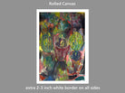 A rolled canvas art print preview on a gray background, showing an abstract painting with green, red, blue, and black brushstrokes. Text at the top reads 'Rolled Canvas' and text at the bottom says 'extra 2-3 inch white border on all sides'.  Paul Klee Fine Art Print, Kakteen (1912)
