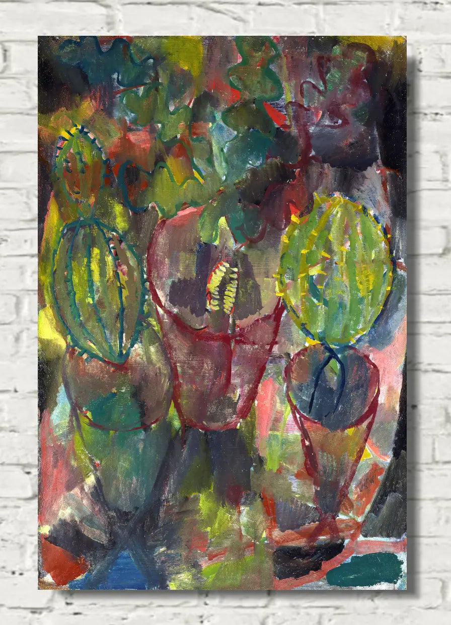 An abstract still life painting featuring green watermelons and red wine glasses, displayed on a white brick wall background.  Paul Klee Fine Art Print, Kakteen (1912)