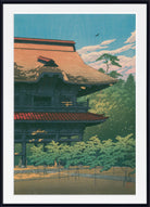 A framed art print featuring a Japanese-style illustration of a traditional wooden temple with a large thatched roof, surrounded by green trees under a blue sky with white clouds.