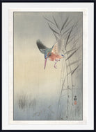 A framed Japanese-style art print depicting a kingfisher bird in flight near reeds, with a wide white mat and a black frame.