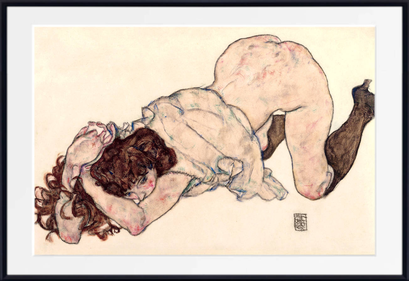 Egon Schiele Fine Art Print, Kneeling Nude Girl on Elbows