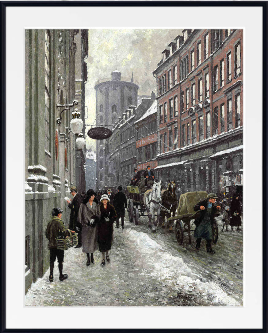 A framed art print depicting a snowy urban street scene with pedestrians, horse-drawn carriages, and tall buildings, shown with a wide white mat and black frame.