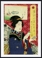 A framed Japanese ukiyo-e woodblock print featuring a geisha in a blue and black striped kimono holding a green card, with red patterned background elements and a vertical yellow text panel.