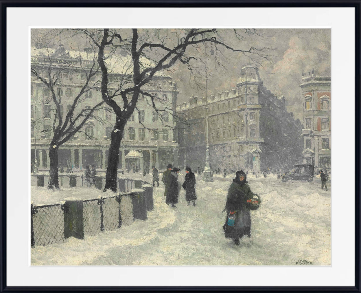 A framed winter city scene painting with snow-covered streets, leafless trees, and pedestrians in dark coats, shown with a white mat and black frame.