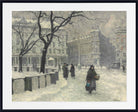 A framed winter city scene painting with snow-covered streets, leafless trees, and pedestrians in dark coats, shown with a white mat and black frame.