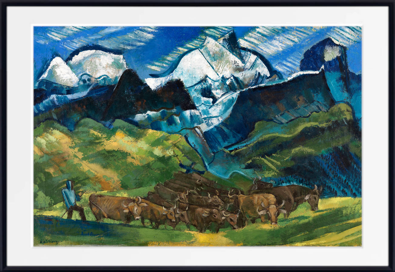 August Babberger Print, Herd of Cows in the High Mountains (1926)