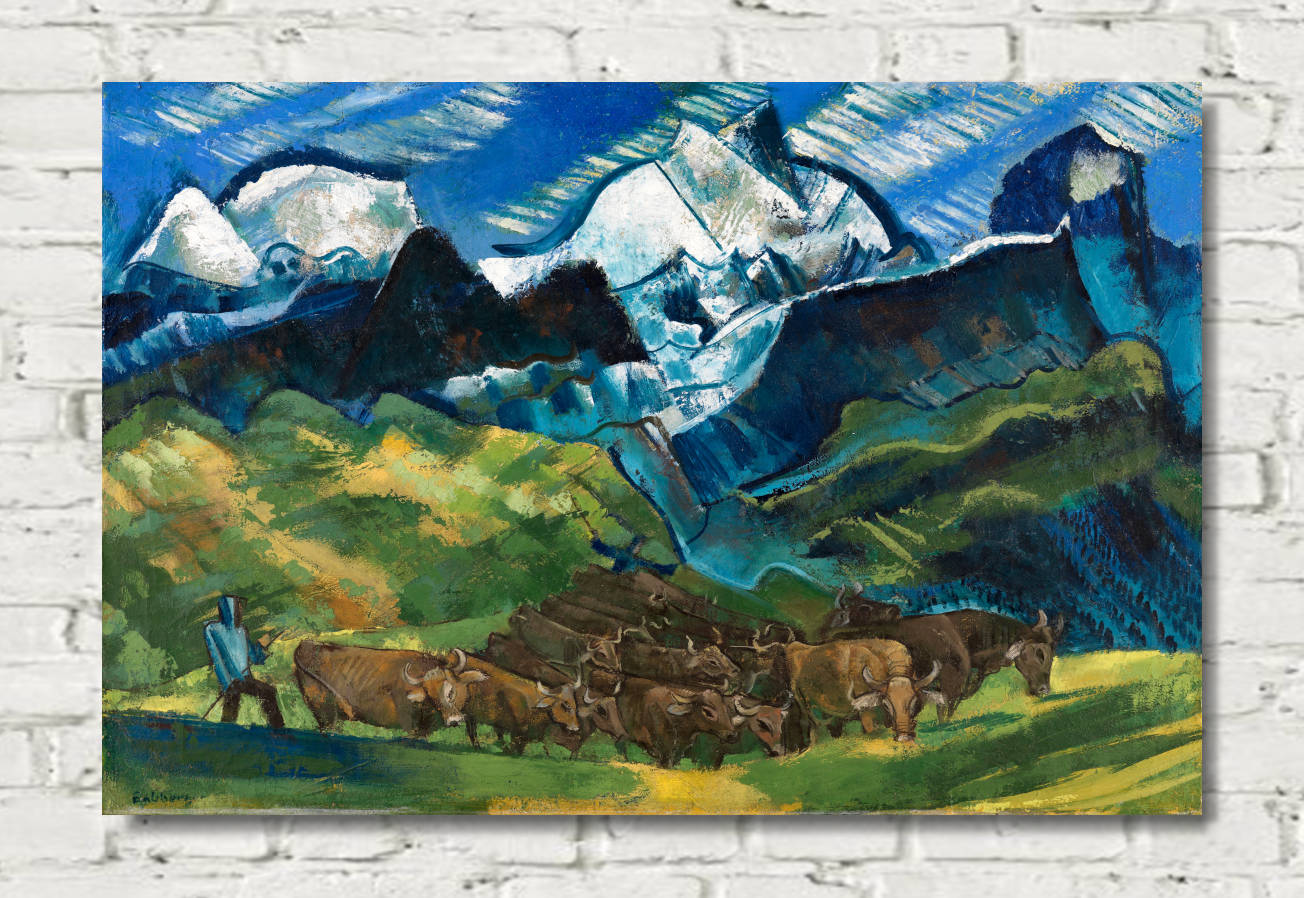 August Babberger Print, Herd of Cows in the High Mountains (1926)