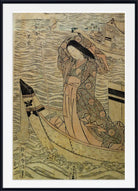 A framed Japanese woodblock-style art print showing a woman in a boat on stylized waves, with buildings and birds in the background. The print has an aged beige paper tone with black linework and muted tan and gray patterning, presented in a white mat and black frame.