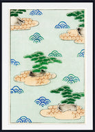 Japanese-style art print featuring green pine trees on beige rock formations, blue wave patterns, and a pale green background, framed with a white mat and black frame.