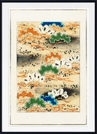 Framed abstract art print featuring a Japanese-style landscape with stylized mountains, clouds, and flowing lines in beige, orange, green, blue, black, and white.