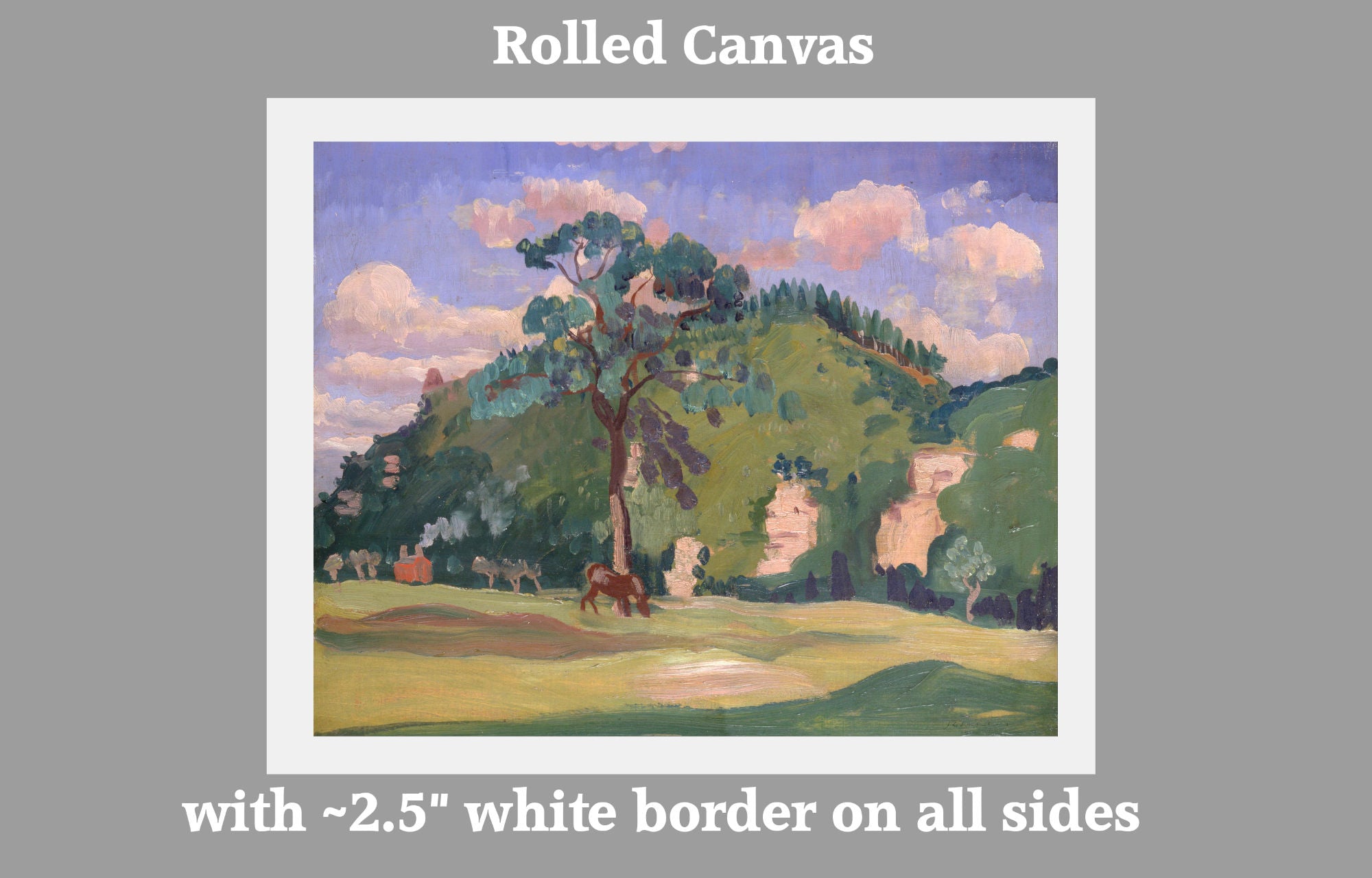 A rolled canvas art print preview on a gray background, showing a painted landscape with a tree, hillside, clouds, and animals. Text above and below reads 'Rolled Canvas' and 'with ~2.