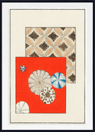 Framed abstract art print featuring a bold red square with seashell and starfish motifs, layered over a beige geometric patterned background, enclosed in a black frame with a white mat.