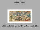 A rolled canvas art print shown on a gray background with explanatory text. The artwork features an abstract scene with windmills in muted blue, green, orange, and beige tones. Paul Klee Print, Laternen (Street Lamps) (1912)
