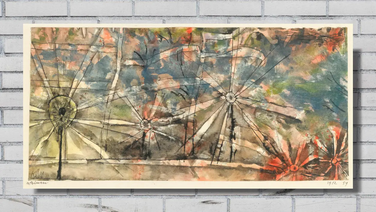 An abstract expressionist painting on paper, featuring radial line patterns and watercolor textures in earthy tones of brown, beige, green, and orange, displayed against a white brick wall.  Paul Klee Print, Laternen (Street Lamps) (1912)