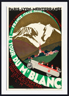 A vintage travel poster for the Tour du Mète Blanc, featuring a stylized mountain scene with a vintage car carrying passengers. The poster is framed in black with a white mat and a thin red border, shown against a white background.