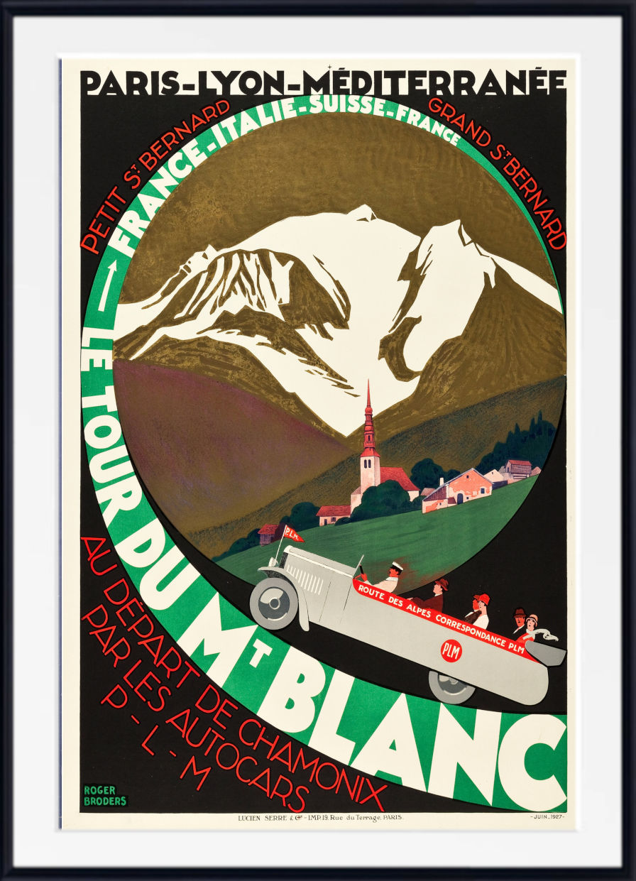 A vintage travel poster for the Tour du Mète Blanc, featuring a stylized mountain scene with a vintage car carrying passengers. The poster is framed in black with a white mat and a thin red border, shown against a white background.