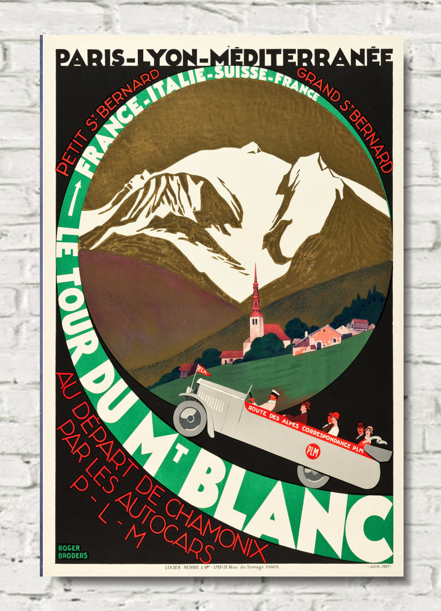 A vintage-style travel poster for a mountain cycling tour, featuring bold French text, illustrated mountains, a small village with a church spire, and a vintage car in the foreground. The poster is displayed against a light gray brick wall background.