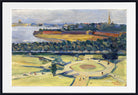 An impressionist landscape painting of a park and waterfront scene, shown with a white mat and black frame. The artwork features green and yellow fields, trees, a body of water, and distant buildings under a pale sky.