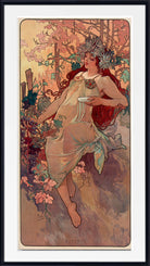 Framed Art Nouveau style print featuring a woman in flowing pale drapery seated among pink flowers and trees, with a red garment at her side and a black frame around the artwork.