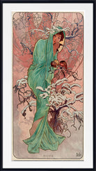 A framed Art Nouveau style print featuring a woman in a flowing green dress standing among snow-covered branches against a pink and beige background, with the word 'RIVER' at the bottom.