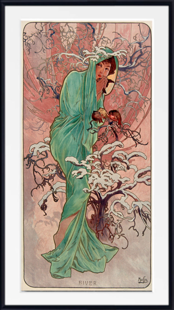 A framed Art Nouveau style print featuring a woman in a flowing green dress standing among snow-covered branches against a pink and beige background, with the word 'RIVER' at the bottom.