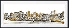 A framed panoramic art print depicting a city skyline with boats on the water, rendered in sepia and black tones on a white background.