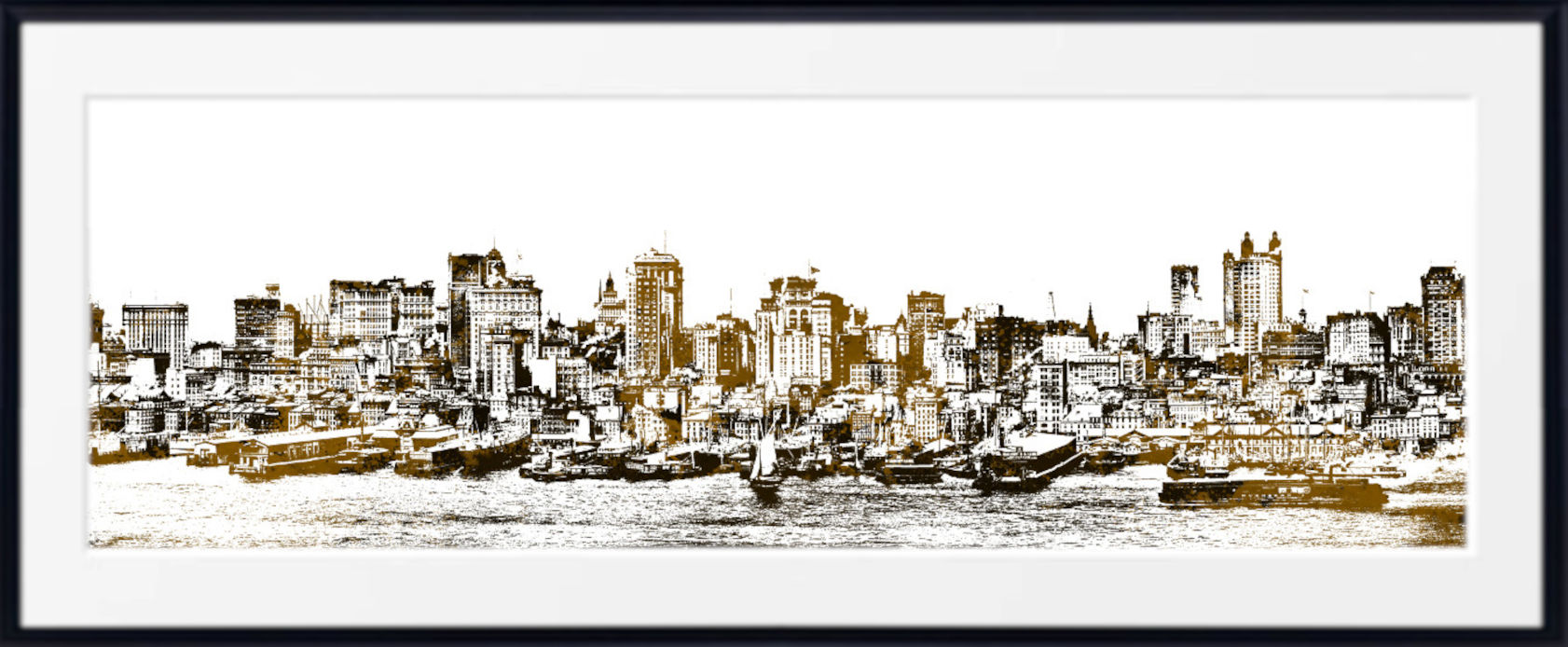 A framed panoramic art print depicting a city skyline with boats on the water, rendered in sepia and black tones on a white background.
