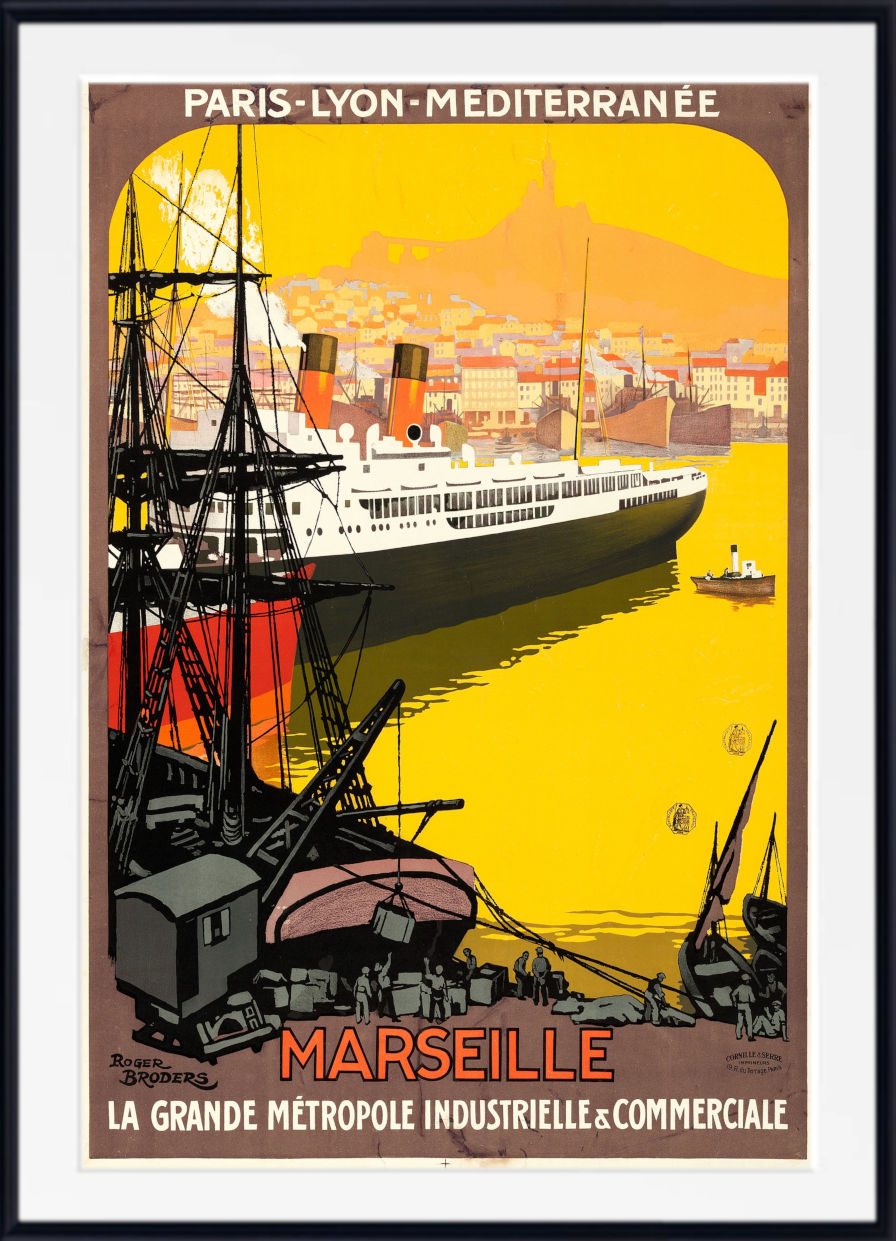 Vintage travel poster for Marseille, France, featuring a large passenger ship in a yellow harbor with the text 'PARIS-LYON-MEDITERRANÉE' at the top and 'MARSEILLE LA GRANDE MÉTROPOLIS INDUSTRIELLE & COMMERCIALE' at the bottom.