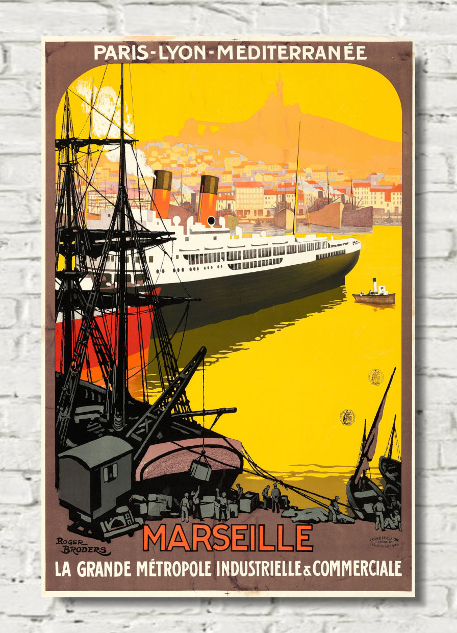 A vintage-style travel poster for Marseille, featuring a large passenger ship in a yellow harbor with buildings and mountains in the background, shown hanging against a white brick wall.