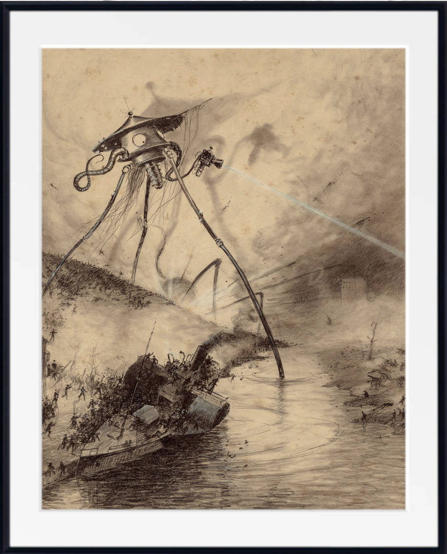 War of the Worlds Illustration, Martian Fighting Machine in the Thames Valley, Henrique Alvim Corrêa