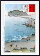 A framed Japanese ukiyo-e woodblock print depicting a coastal scene with blue water, sandy shore, small figures, birds, and a red title panel with Japanese text.
