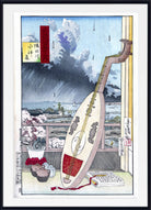 A framed Japanese-style art print featuring a large stringed instrument leaning against a window, with rain, clouds, and a distant landscape visible in the background. The print includes Japanese text blocks and is shown with a white mat and black frame.