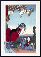 A framed Japanese ukiyo-e woodblock print showing a dramatic scene with a large red-faced figure in the foreground, a person falling from the top, and several children watching from a distance under a pale sky.