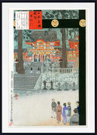 A framed Japanese-style art print depicting a temple scene with stairs, trees, and small figures in traditional clothing, shown against a white background with a black frame.