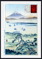 A framed Japanese ukiyo-e woodblock print depicting Mount Fuji over a lake with boats, fields, and trees, shown against a white background with a black frame.