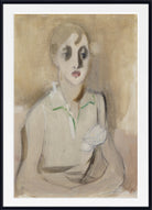 A framed portrait painting of a woman with a stylized, abstract expressionist look. The painting features a woman in a light-colored top with green accents against a warm beige background, enclosed in a white mat and a black frame.