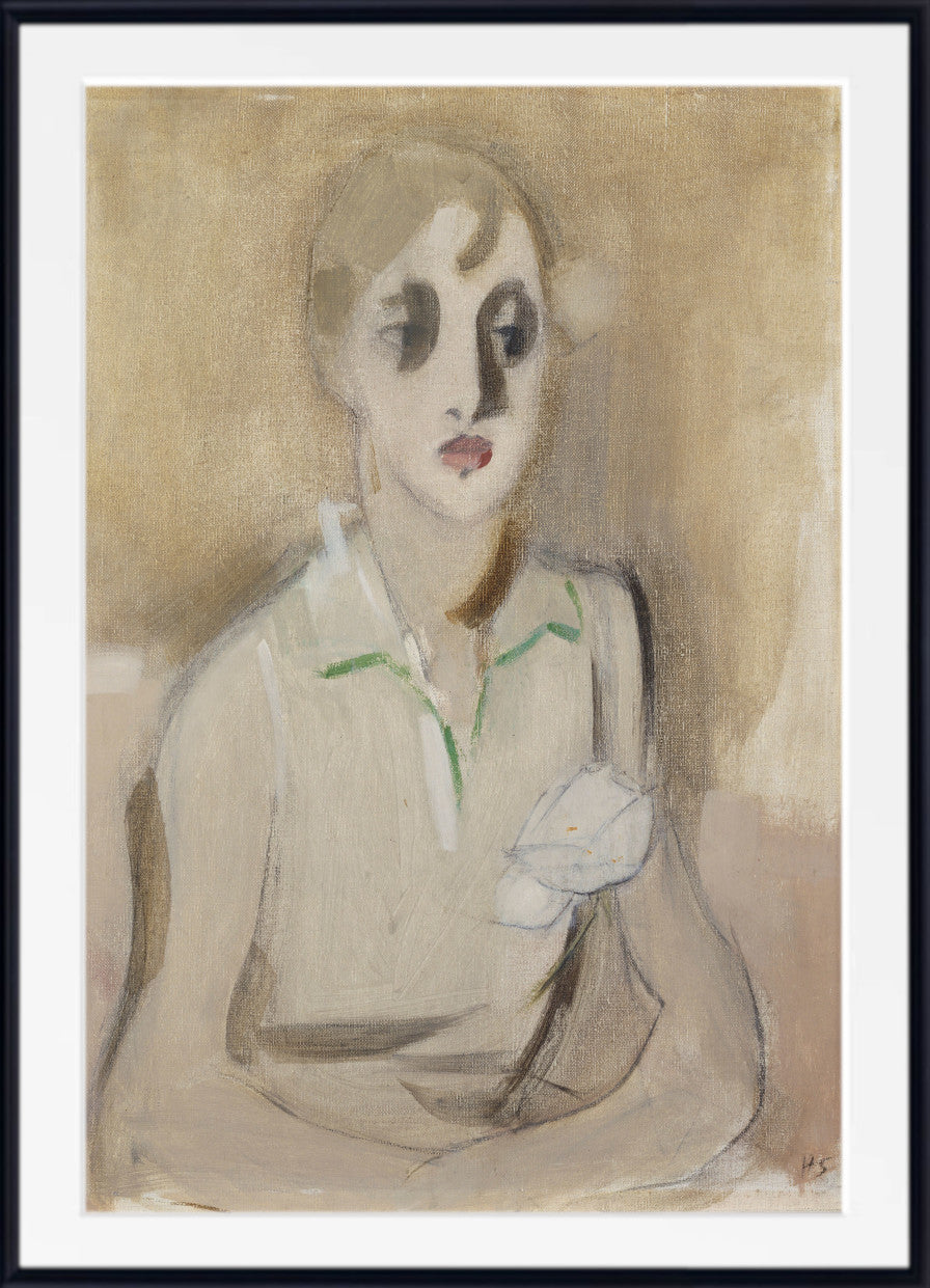 A framed portrait painting of a woman with a stylized, abstract expressionist look. The painting features a woman in a light-colored top with green accents against a warm beige background, enclosed in a white mat and a black frame.