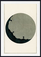 Framed abstract art print featuring a large muted gray circular form with scalloped edges over a dark teal patterned lower section, set against an off-white field with a thin double-line border and a black frame.