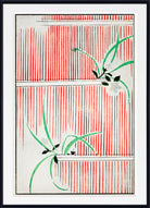 Framed Japanese-style art print featuring red and white vertical stripes with green leafy branches and a small white flower, presented in a black frame with a white mat.