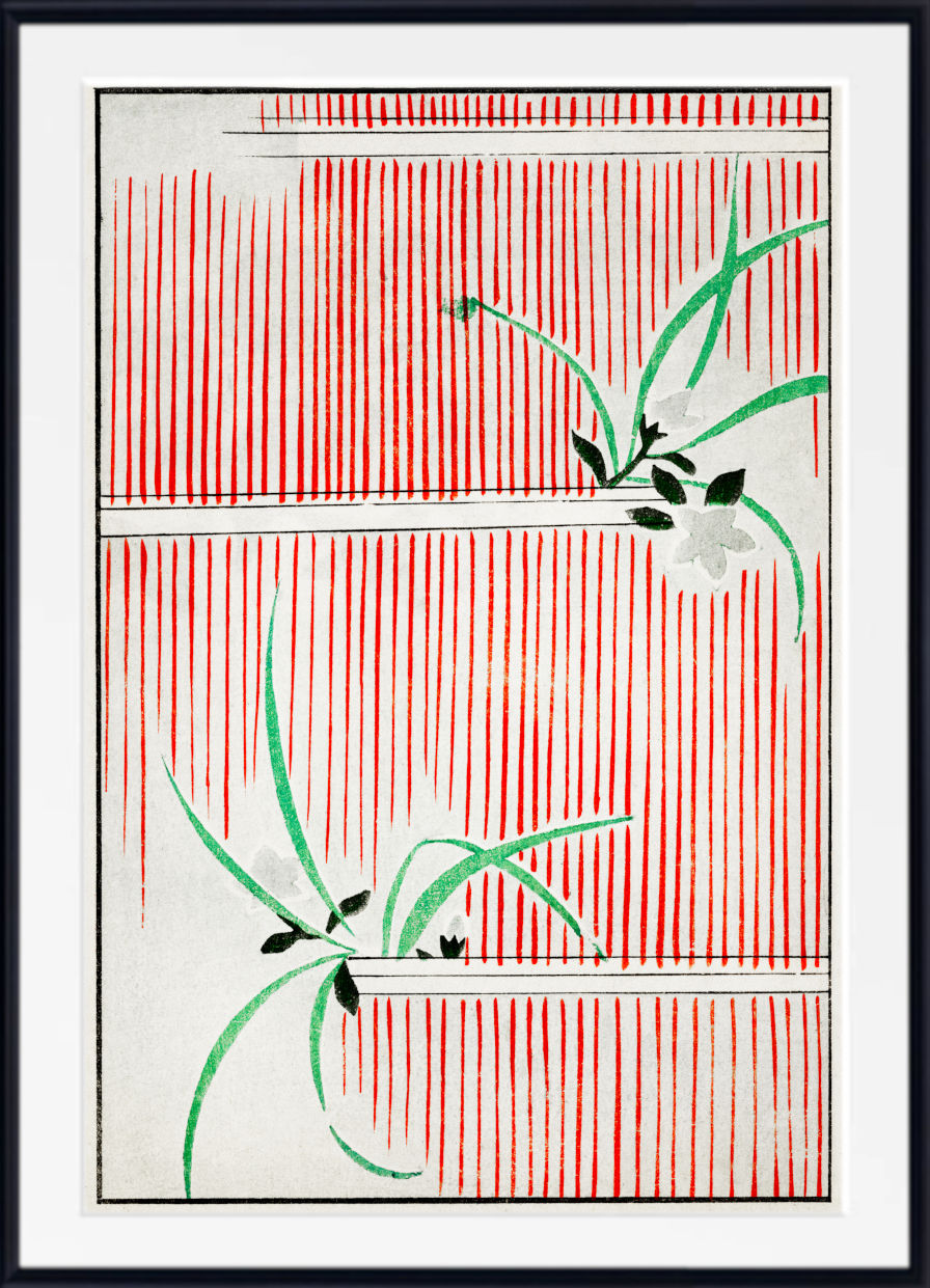 Framed Japanese-style art print featuring red and white vertical stripes with green leafy branches and a small white flower, presented in a black frame with a white mat.
