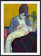 An art print of an expressionist painting depicting a mother nursing her baby, framed in a black frame with a white mat border.